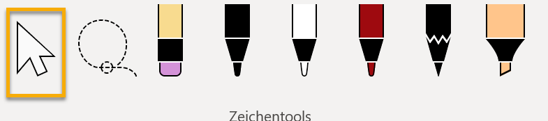 Screenshot PowerPoint: Zeichentools mit markiertem weißem Markierungspfeil