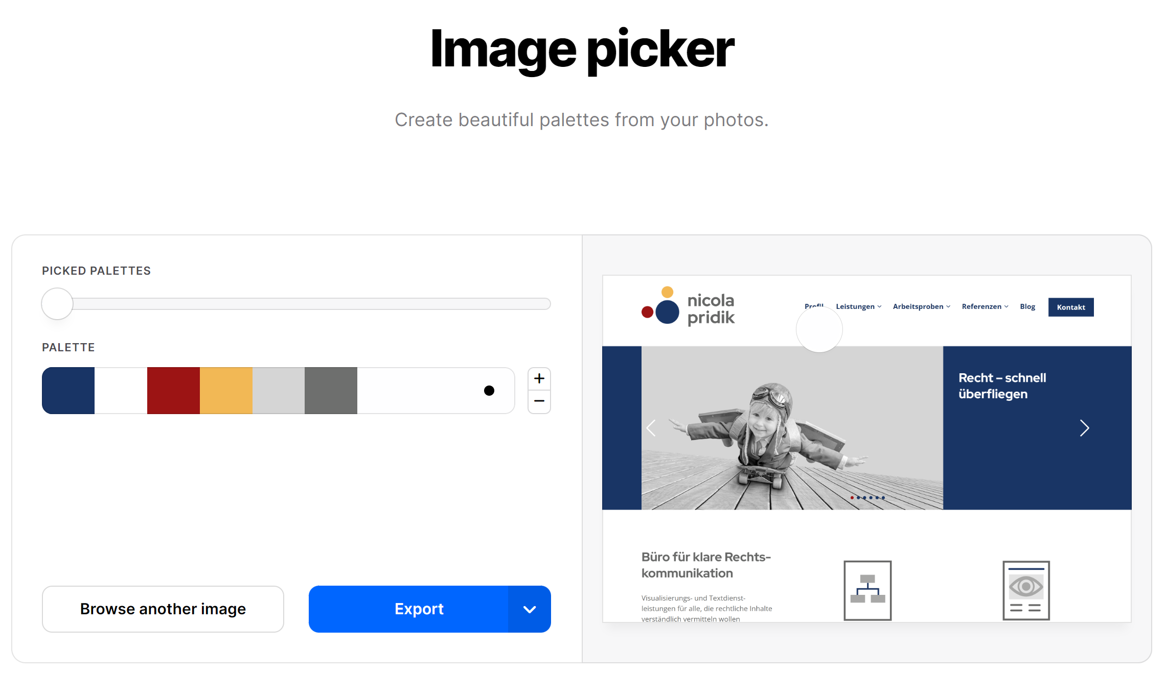 Eines der Image-Picker-Tools, die man im Internet findet Screenshot von Image Picker auf der Website Coolors.co mit Beispiel-Screenshot von meiner Website und ein paar Farbwerten, die daraus in einer Farbpalette zusammengestellt wurden