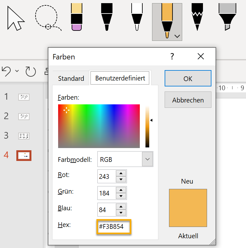 Screenshot PowerPoint: Farbdialog mit markiertem Hex-Farbwert auf dem Reiter Benutzerdefiniert