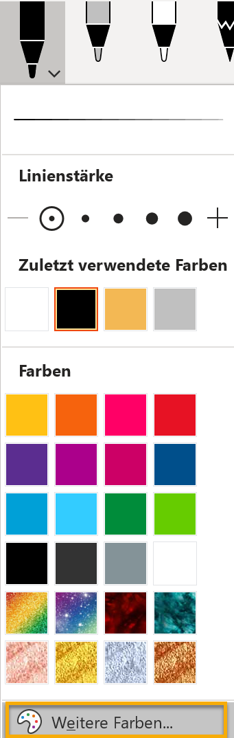 Screenshot PowerPoint: Stiftmenü des schwarzen Filzstiftes in PowerPoint mit markiertem Menüpunkt Weitere Farben