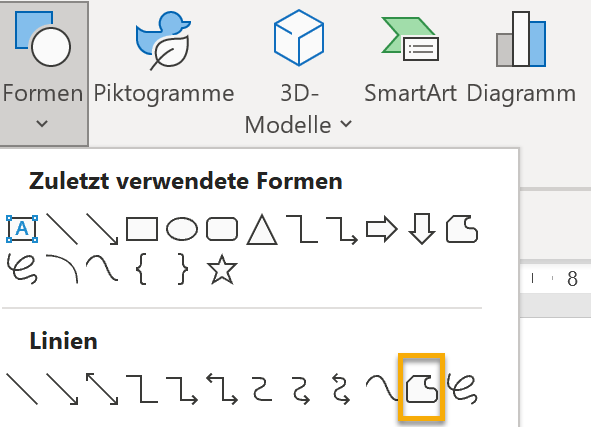 Screenshot PowerPoint: Aufgeklappter Formen-Dialog mit markierter Freihandform