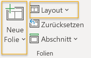 Layoutgalerie öffnen Screenshot PowerPoint: Folienmenü mit markierten Schaltflächen Neue Folie und Layout