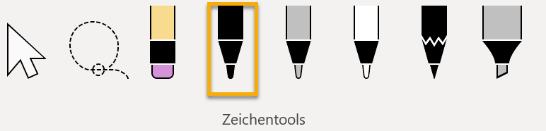 Screenshot PowerPoint: Zeichentools auf der Registerkarte Zeichnen mit markiertem schwarzen Filzstift