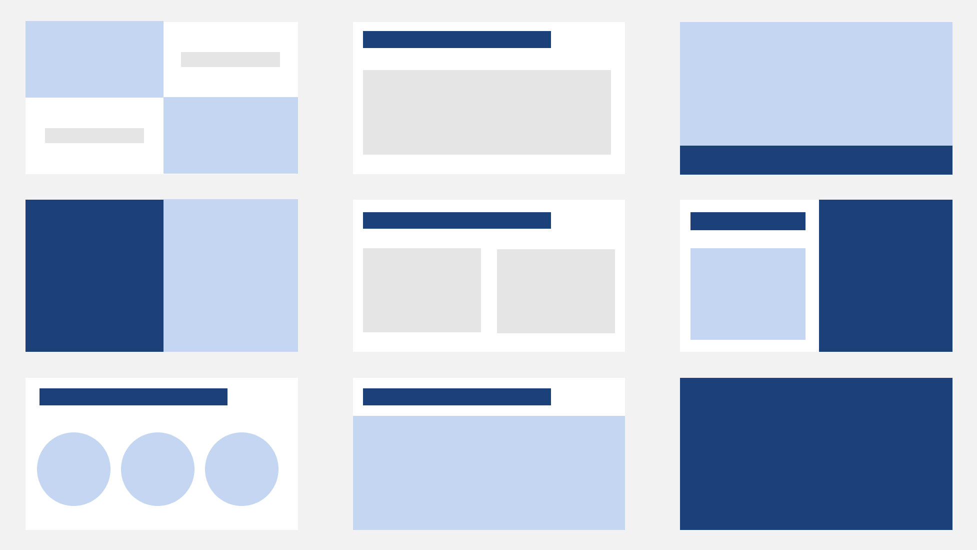 9 stilisierte PowerPoint-Folien mit unterschiedlichen Layouts