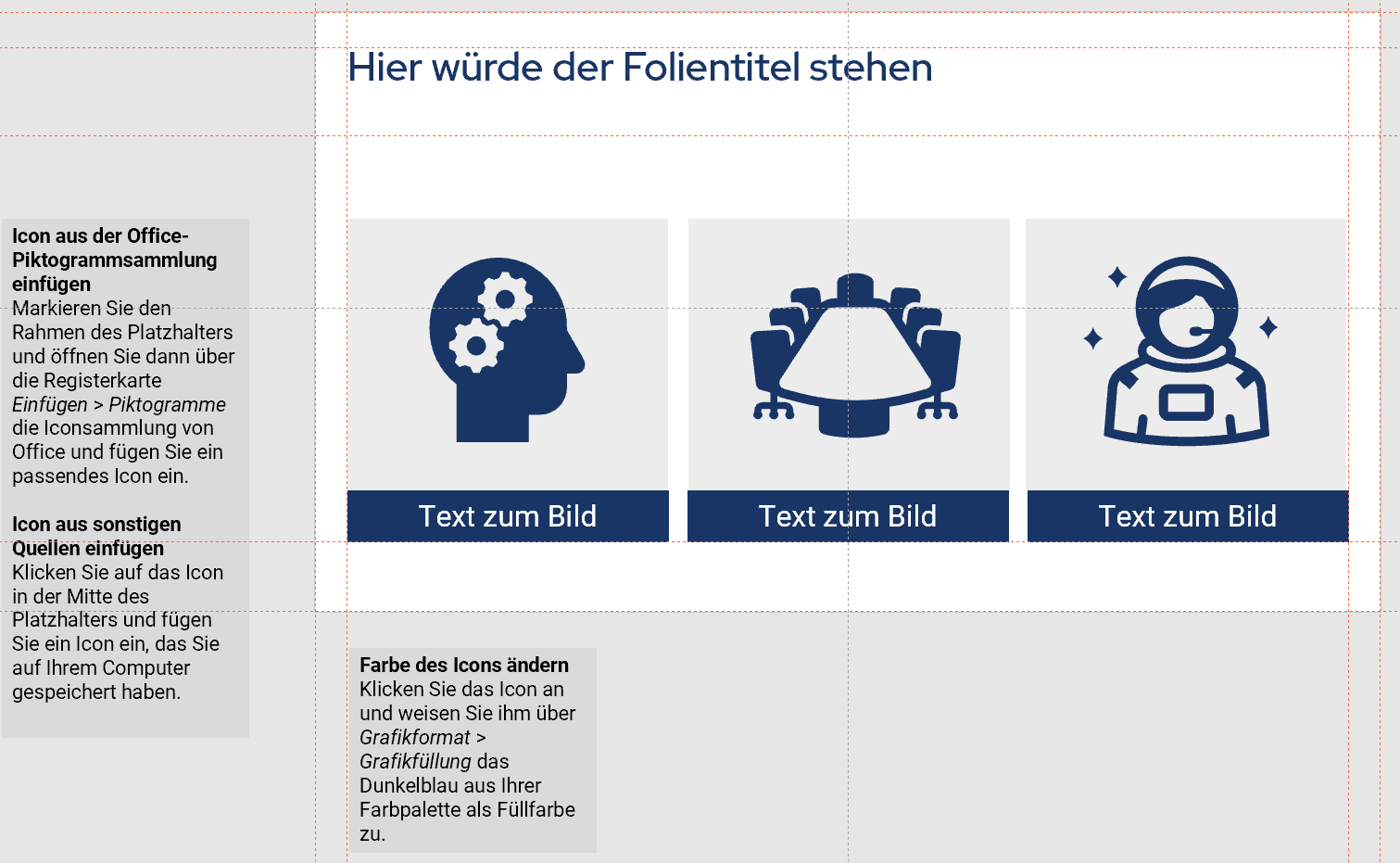 Beispielfolie mit Anleitungskästen Gefüllte Folie mit drei Icons in Rechtecken und ergänztem Text. Neben der Folie liegen Textfelder, in denen zu lesen ist, wie Icons eingefügt und farblich verändert werden können