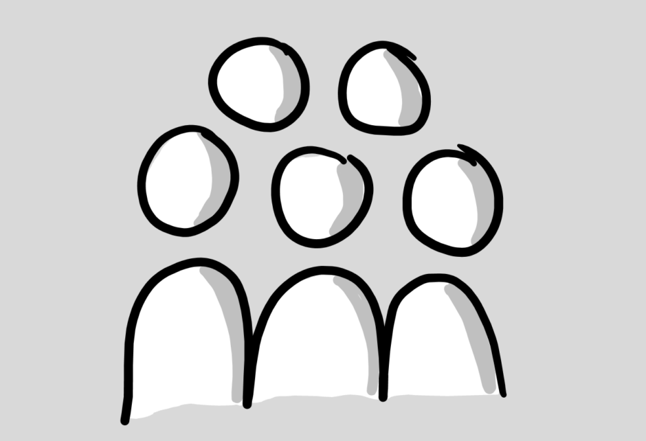 Personengruppe mit weißer Füllfarbe und Schatten vor grauem Hintergrund