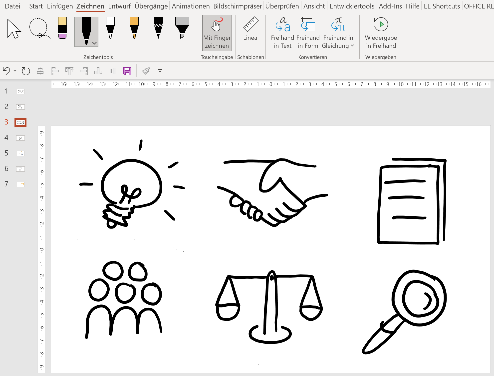Screenshot PowerPoint: Normalansicht einer Folie mit sechs Icons und eingezeigter Registerkarte Zeichnen