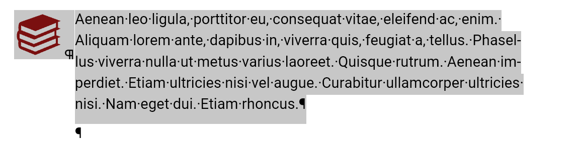markierter Textabsatz mit nebenstehendem Bücherstapel-Icon. Markiert ist neben dem Absatz selbst auch der Absatz, in dem das Icon sitzt