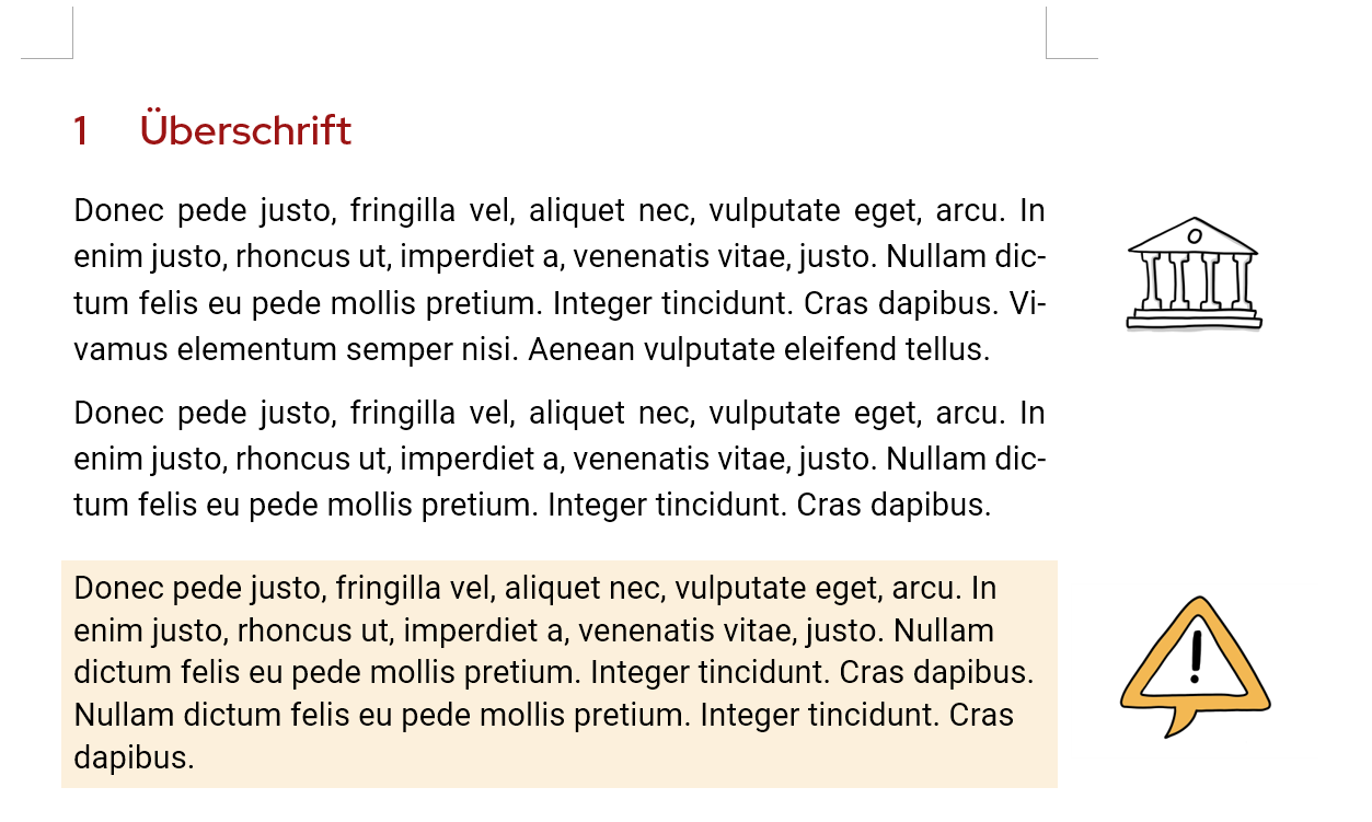 Drei Textabsätze mit einer roten ÜBerschrift, rechts vom ersten Absatz befindet sich ein kleiner handgezeichneter Tempel und neben dem hellgelb unterlegten dritten Absatz eine Sprechblase in Warndreieck-Optik.