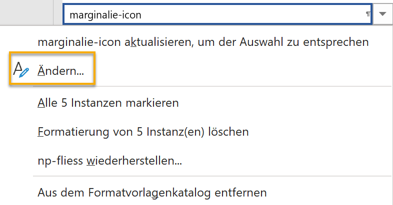 Screenshot Word: aufgeklapptes Kontextmenü der Formatvorlage marginalie-icon. Markiert ist der Menüpunkt Ändern.