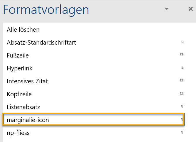 Screenshot Word: Ausschnitt des Aufgabenbereichs Formatvorlagen, in dem die Formatvorlage marginalie-icon markiert ist