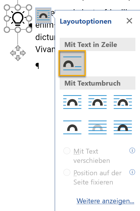 Screenshot Word: aufgeklapptes Kontextmenü Layoutoptionen an dem eingefügten Icon. Markiert ist die Einstellung Mit Text in Zeile