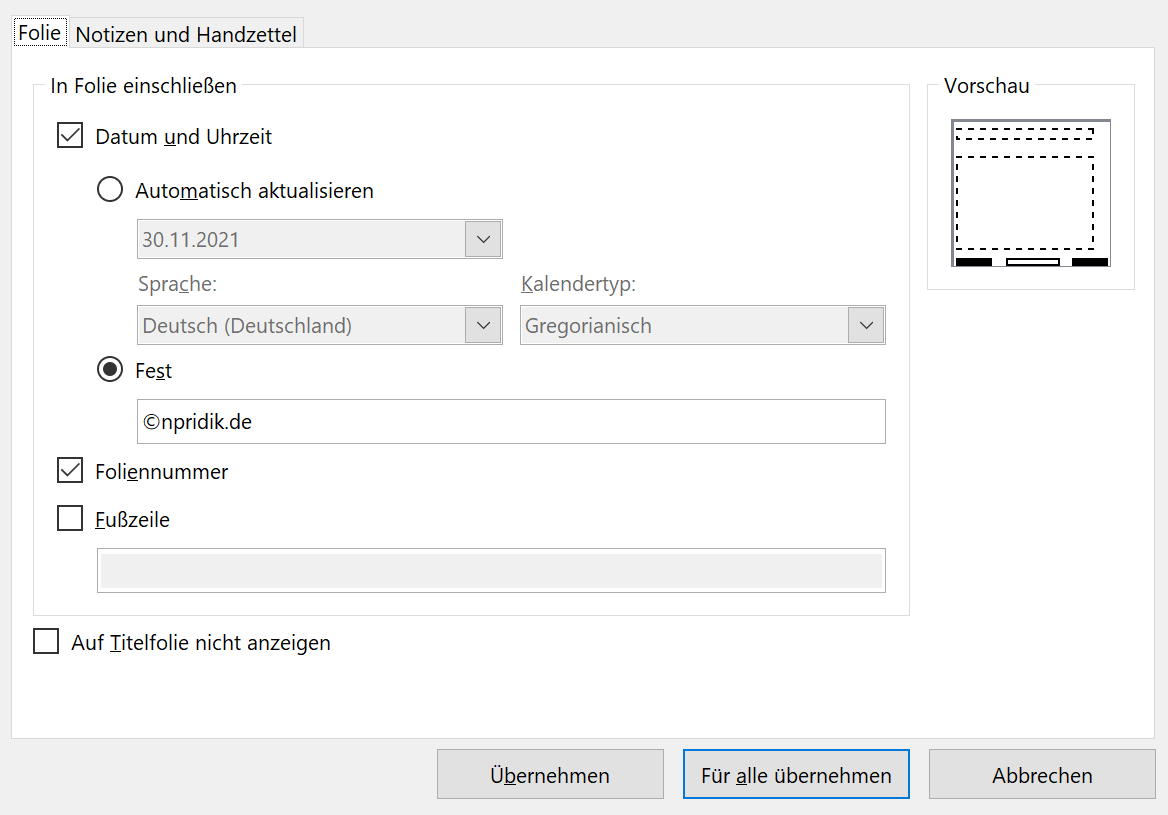 Screenshot PowerPoint: Dialogfeld Kopf- und Fußzeile