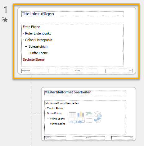 Screenshot PowerPoint: Masterfolie mit einer Layoutfolie. Die Masterfolie ist markiert