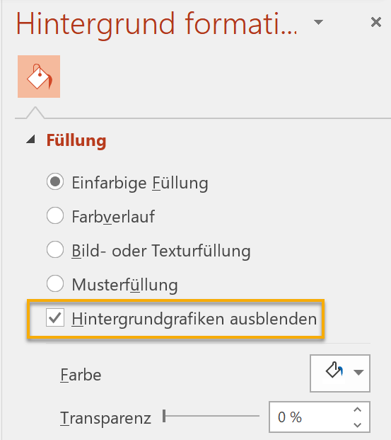 Screenshot PowerPoint: Menü Hintergrund formatieren mit markierter Funktion Hintergrundgrafiken ausblenden