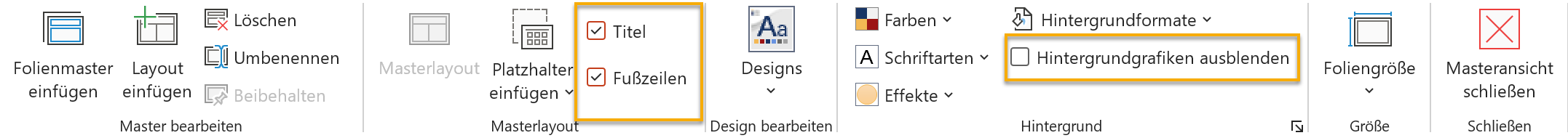 Screenshot PowerPoint: Registerkarte Folienmaster, markiert sind die Menüpunkte Titel, Fußzeile und Hintergrundgrafiken ausblenden