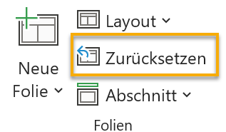 Screenshot PowerPoint: Gruppe Folien auf der Registerkarte Start mit markierter Funktion Zurücksetzen