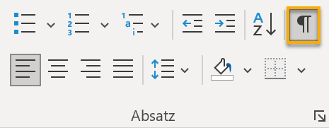 Screenshot Word: Gruppe Absatz auf der Registerkarte Start mit markiertem Schalter für das Einschalten der Formatierungszeichen