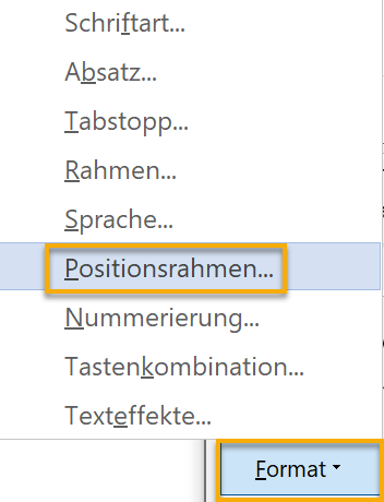 Screenshot Word: Aufgeklapptes Menü des Format-Schalters im Dialogfeld Neue Formatvorlage erstellen. Markiert ist der Punkt Positionsrahmen.