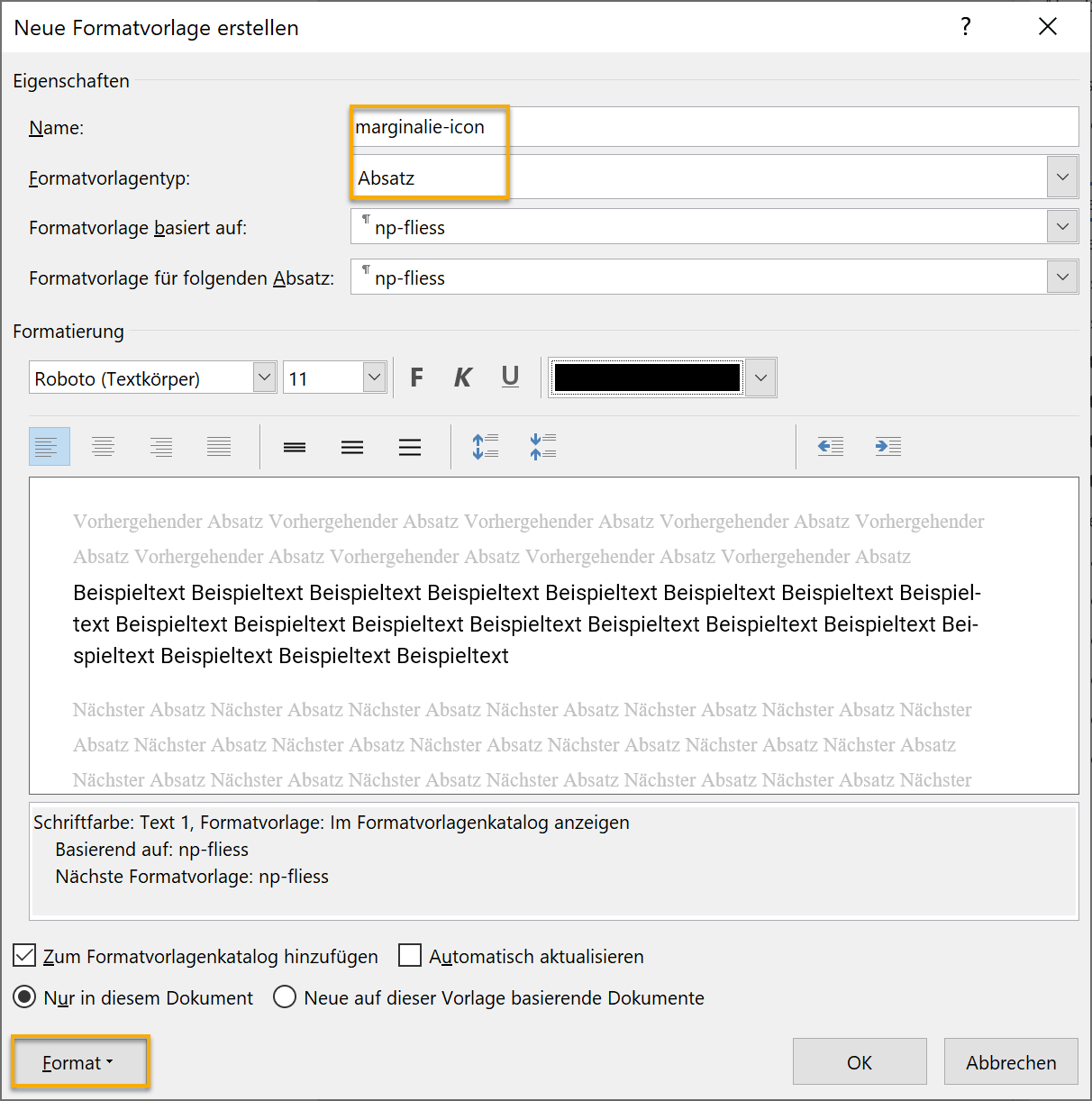 Screenshot Word: Dialogfeld Neue Formatvorlagen erstellen. Die ersten beiden Einträge sind markiert: Name: marginalie-icon und Formatvorlagentyp: Absatz. Außerdem markiert ist unten links der Schalter Format.