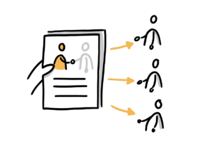 Einfache Zeichnung einer Hand, die ein Dokument hält, auf dem sich zwei Personen die Hände schütteln; die eine Person ist orange, die andere ausgegraut, darunter drei Linien; rechts neben Dokument weisen drei orange Pfeile auf drei Personen, welche eine Hand vorstrecken, so wie die ausgegraute Person auf dem Dokument