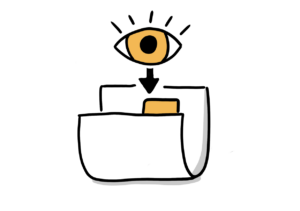 Einfache Zeichnung eines Aktendeckels in der Optik einer Hängemappe, über dem sich ein Auge befindet und ein Pfeil, der in das Innere der Akte zeigt