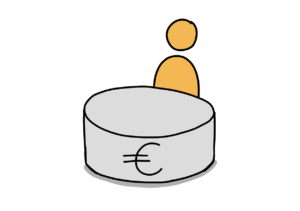 Einfache Zeichnung eines tortenähnlichen Objekts mit Eurozeichen, hinter dem eine orange Strichfigur steht