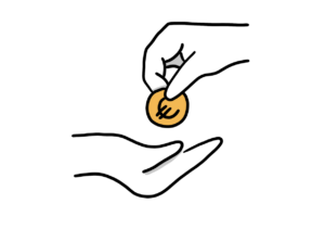 Einfache Zeichnung einer Hand, die ein Geldstück in eine andere Hand legt