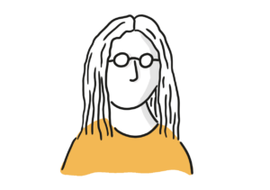 Einfache Avatar-Zeichnung einer Frau mit Nickelbrille und strähnigen langen Haaren