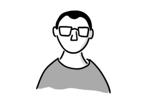 Einfache Avatar-Zeichnung eines jungen Mannes mit Brille, schwarzen Haaren und Geheimratsecken