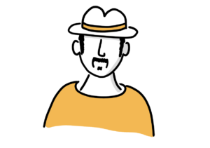 Einfache Avatar-Zeichnung eines Mannes mit schwarzen Haaren, Koteletten, Schnäutzer und Hut
