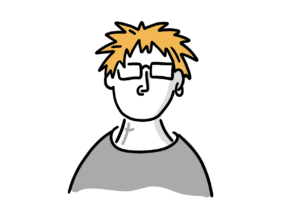 Einfache Avatar-Zeichnung eines jungen Punks mit strubbeligen roten Haaren, Brille, Piercing, Ohrring und Tatoo am Hals