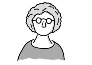 Einfache Avatar-Zeichnung einer älteren Frau mit Nickelbrille und grauen lockigen Haaren