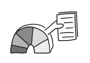 Einfache Zeichnung eines Halbkreises mit Ausbuchtung, der in unterschiedlich große "Tortenstücke" unterteilt ist und aus dem eine Hand herausragt, die ein Dokument festhält
