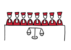 Einfache Zeichnung einer Richterbank mit acht Richtern in roten Roben