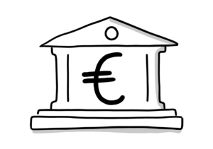 Einfache Zeichnung eines Tempels, in dem sich ein großes Eurozeichen befindet