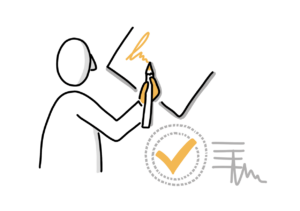Einfache Zeichnung einer Figur, die auf einem Blatt unterschreibt; die Hand der Person, die Stiftspitze und die Unterschrift selbst sind orange; Unter dem Vorgang befindet sich ein dicker oranger Haken in einem grauen Doppelkreis mit gestrichelten Linien; daneben sind ein paar Linien und eine Unterschrift platziert