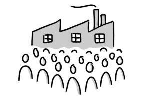 Einfache Zeichnung einer Menschenmenge vor einer Fabrik