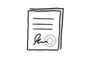 Einfache Zeichnung eines Dokuments mit drei Linien, einer Unterschrift und einem runden Stempelaufdruck