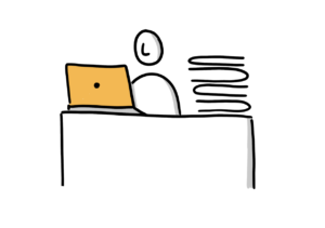Einfache Zeichnung einer Person an einem Schreibtisch mit Laptop und Aktenstapel