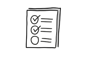 Einfache Zeichnung eines Dokuments mit Listenpunkten, die teilweise mit einem Häkchen in einem Kreis versehen sind