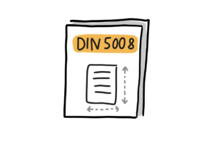 Einfache Zeichnung eines Dokuments mit der Aufschrift DIN 5008, unter der sich ein Blatt mit Linien befindet, neben und unter dem gestrichelte Doppelpfeile platziert sind