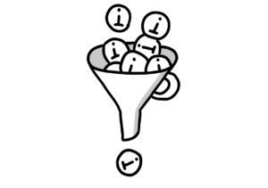 Einfache Zeichnung eines mit Informations-Is gefüllten Trichters, aus dem ein Informations-I herausfällt