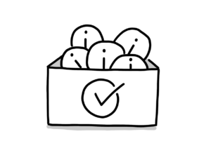 Einfache Zeichnung einer Kiste mit Informations-Is, auf der sich ein Kreis mit einem Haken befindet