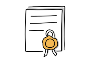 Einfache Zeichnung eines Dokuments mit Linien, auf dem ein oranges Siegel angebracht ist