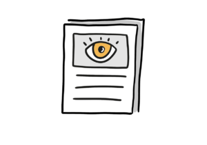 Einfache Zeichnung eines mehrseitigen Dokuments mit Linien und einem Rechteck, in dem sich ein Auge befindet