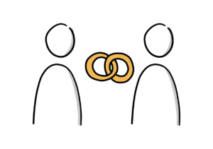 Einfache Zeichnung zweiter Strichfiguren, zwischen denen sich zwei verkettete orange Ringe befinden