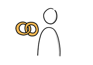 Einfache Zeichnung einer Strichfigur, neben der sich zwei verkettete orange Ringe befinden