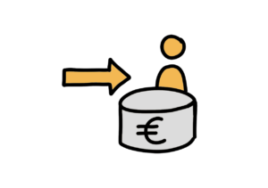 Einfache Zeichnung eines dicken orangen Pfeils, der auf eine orange Person Strichfigur weist, die hinter einem tortenähnlichen Objekt mit Eurozeichen steht