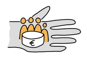 Einfache Zeichnung einer grauen Hand, auf deren Fläche sich ein tortenähnliches Objekt mit einem Eurozeichen befindet; dahinter stehen vier orange Strichfiguren